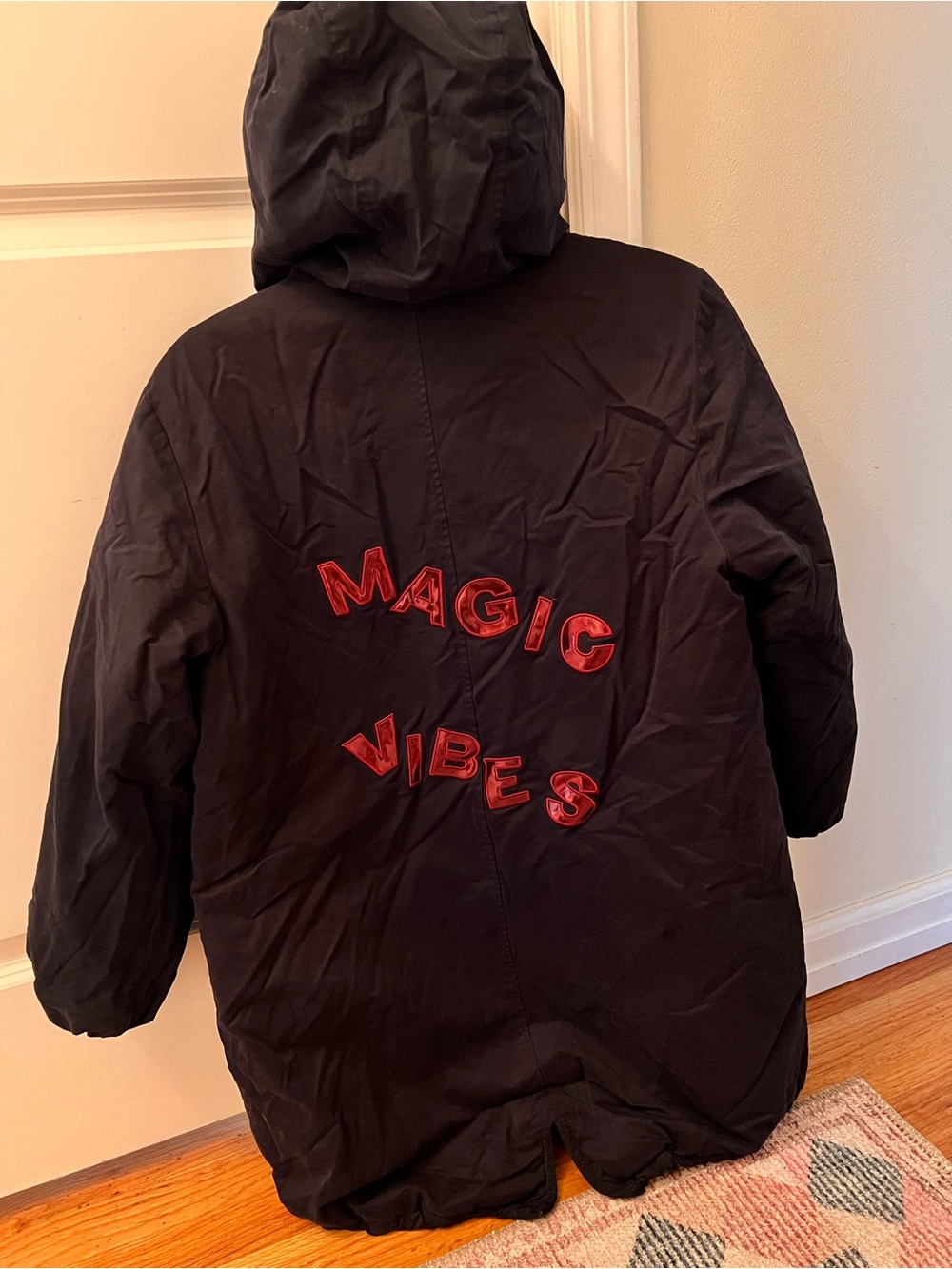 Zara girls navy puffer Hooded Puffer with Red "Magic Vibes"Lettering size 11/12